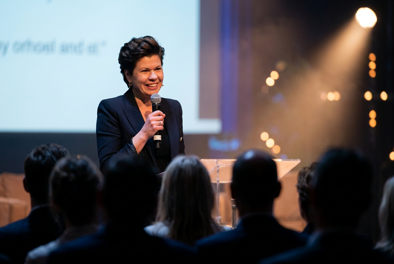 Oprichter van Future Impact Consultancy spreekt een publiek toe tijdens een keynote
