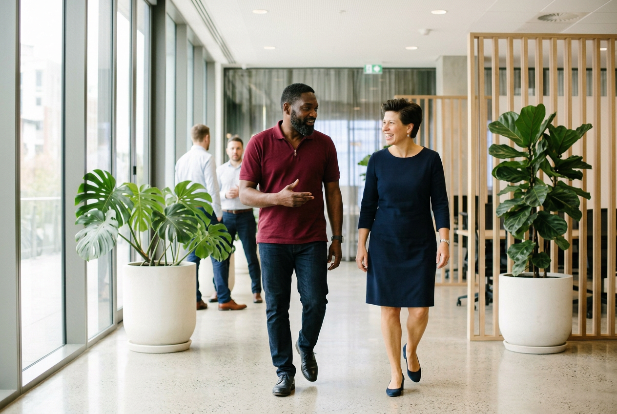 Twee collega's in gesprek tijdens een wandeling